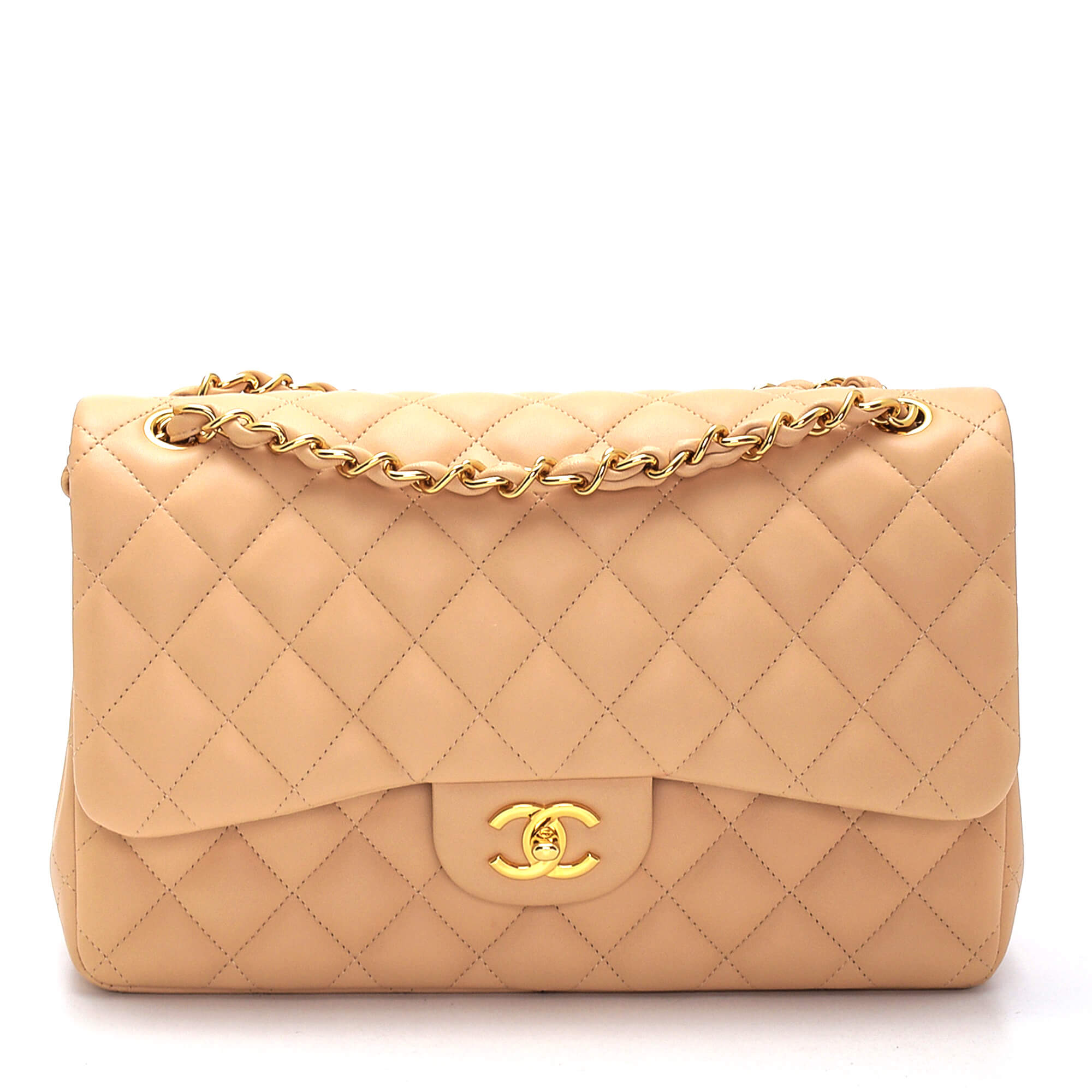 Chanel - Beige Quilted Lambskin Leather Jumbo Double Flap Bag